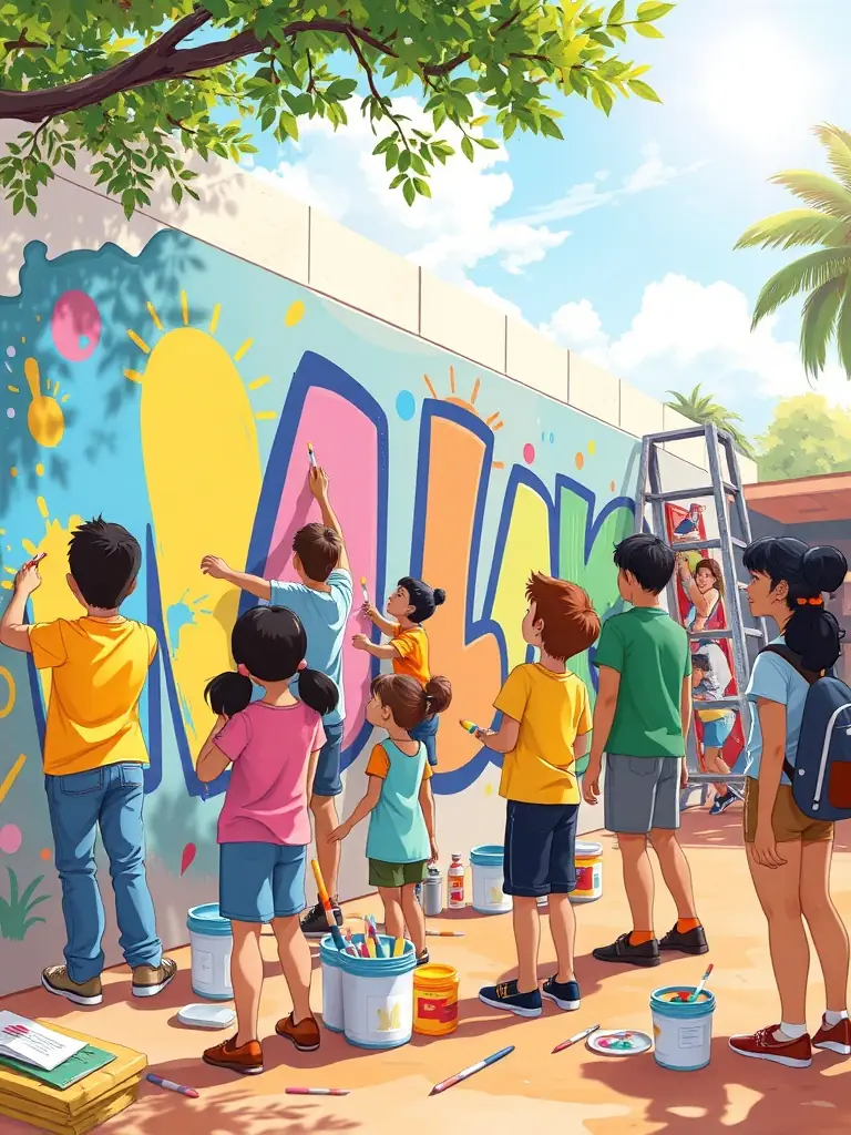 A scene from a community art project, showing volunteers and artists collaborating on a mural in a public space, organized by LE GRAND ATELIER.