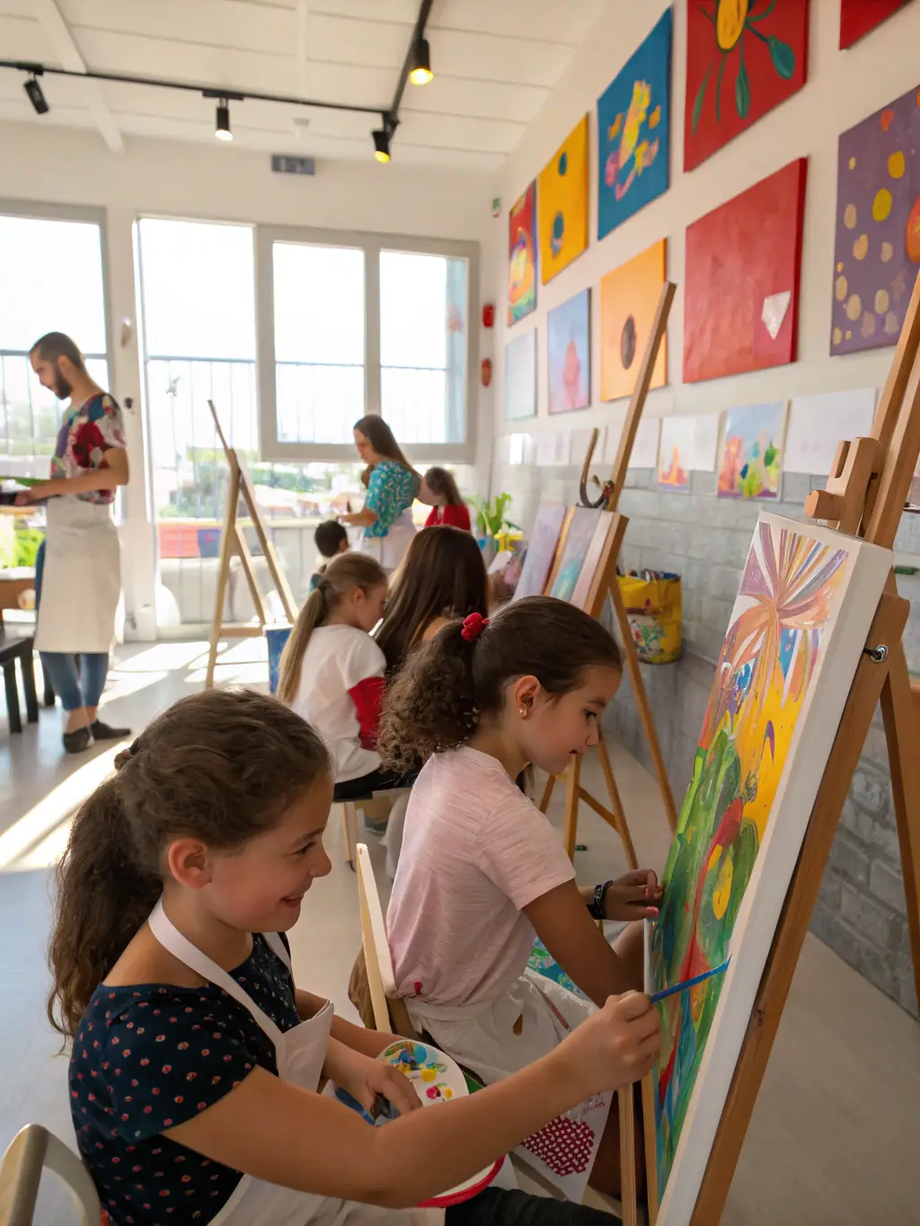 A group of children participating in an art workshop, painting and creating under the guidance of an instructor at LE GRAND ATELIER.