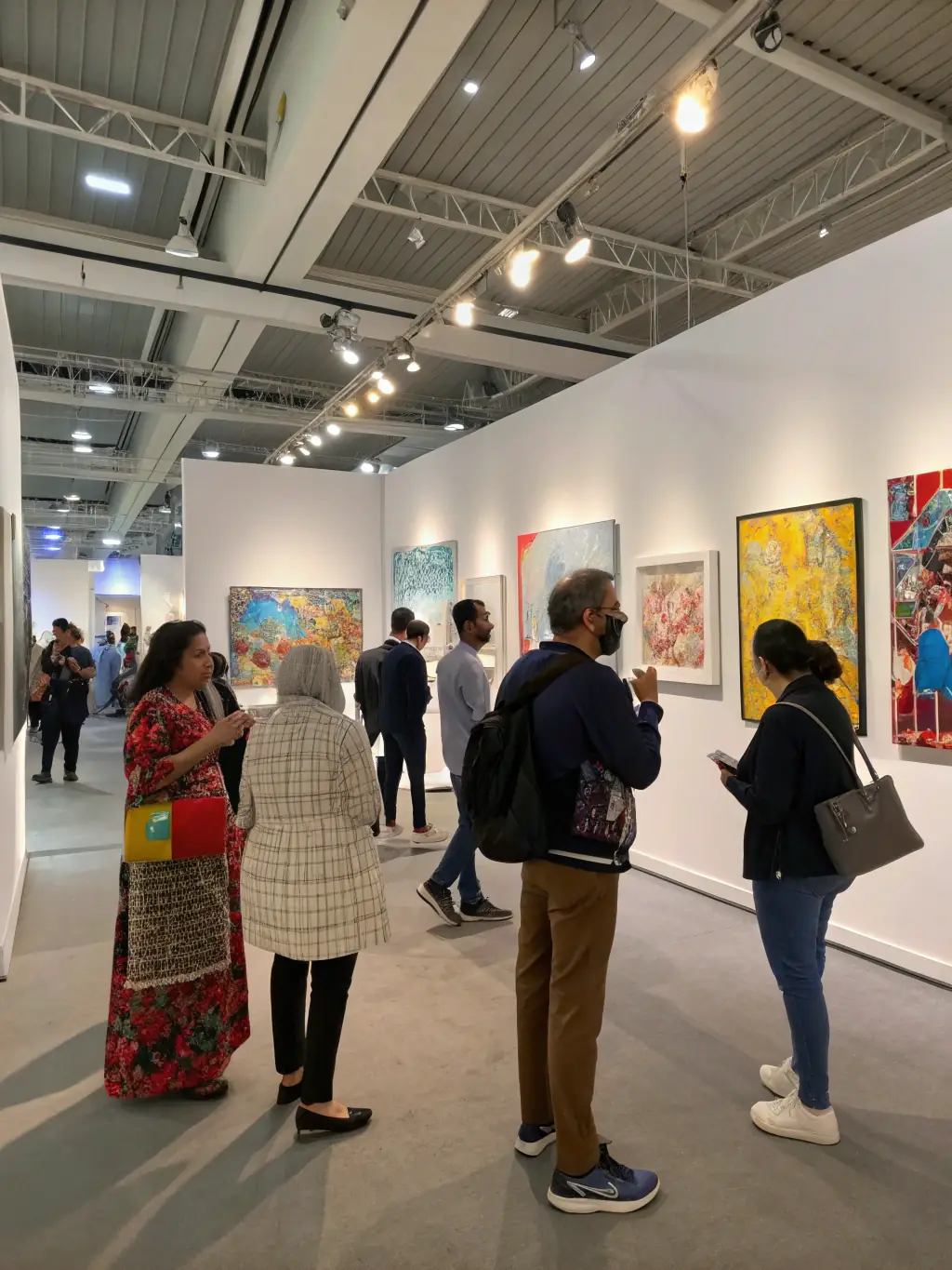 A photograph of an art exhibition showcasing contemporary artworks, with visitors admiring the pieces at LE GRAND ATELIER.