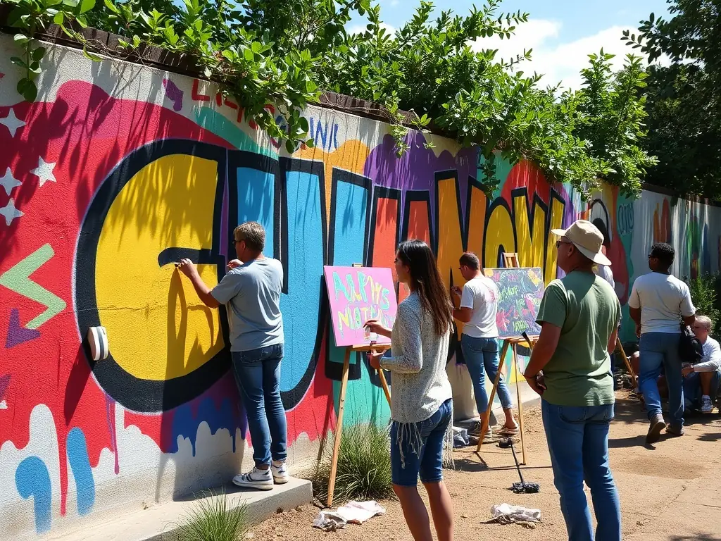 A collaborative mural project in progress, with local residents and artists working together to paint a vibrant and meaningful mural on a community building, symbolizing unity and artistic expression.