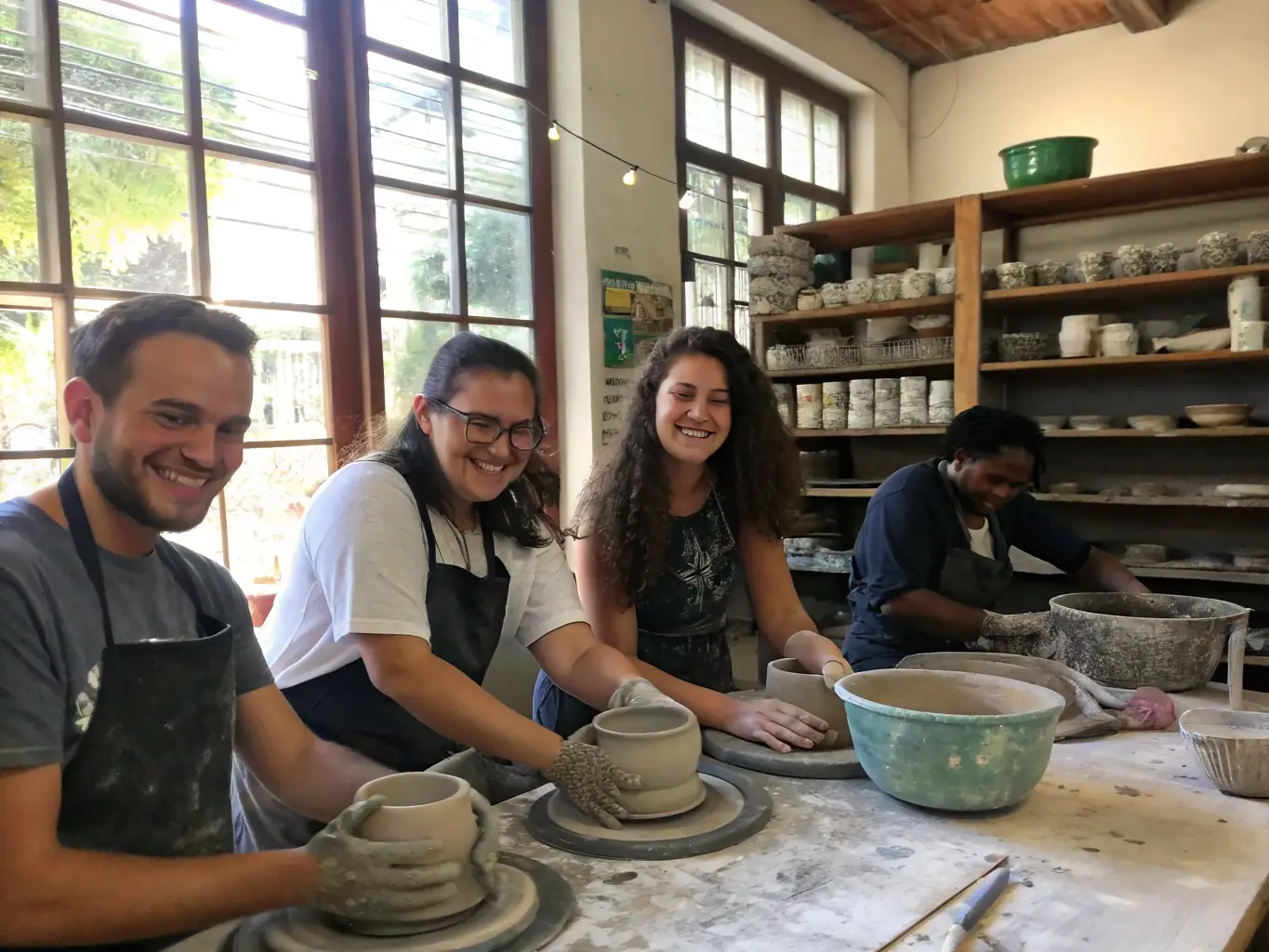 A group of diverse individuals participating in a pottery workshop, focused on creating unique ceramic pieces, with a warm and inviting studio environment.