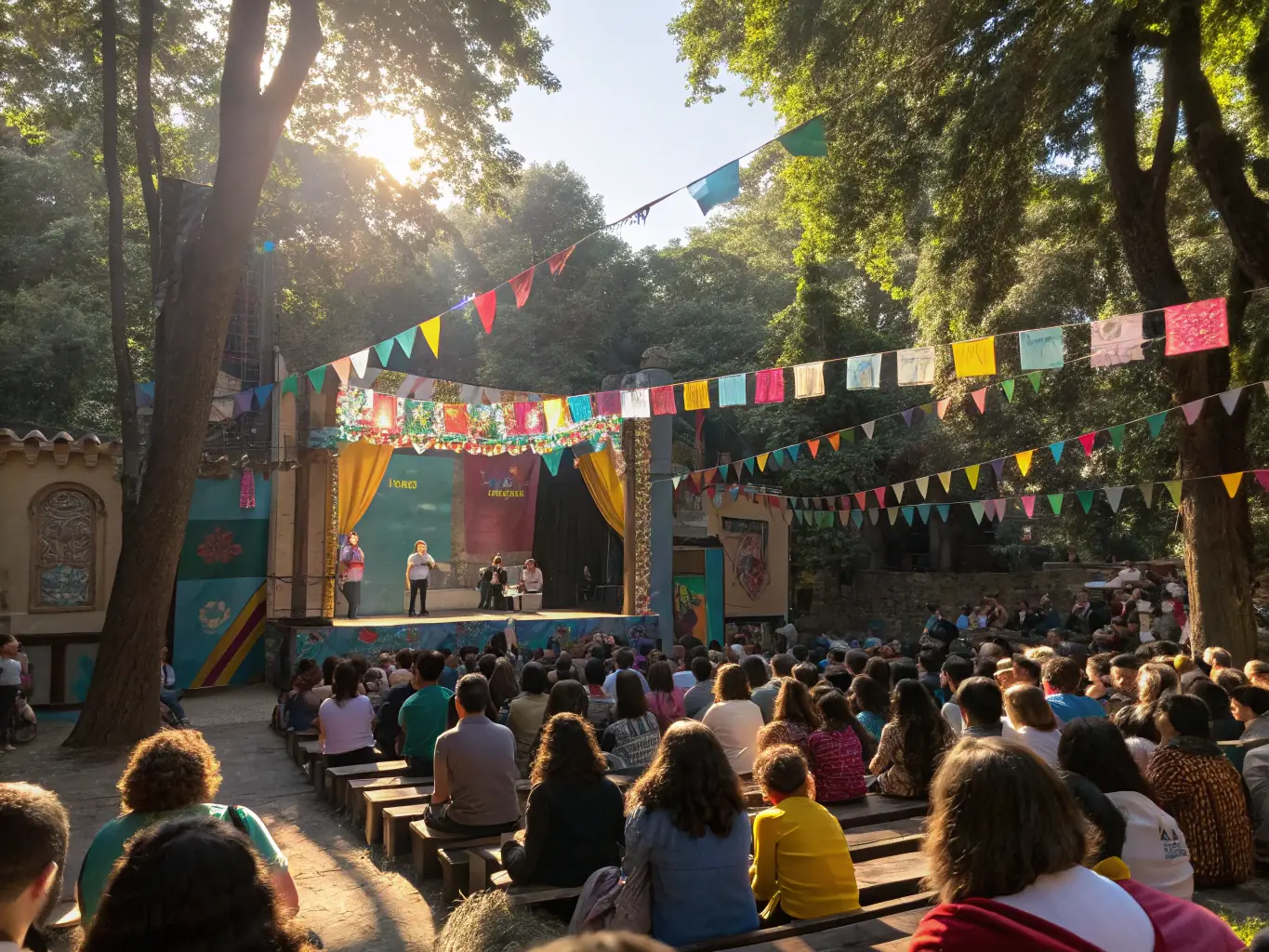 A vibrant scene from an urban art festival, showcasing colorful murals, live music, and interactive art installations, capturing the energy and community spirit of the event.